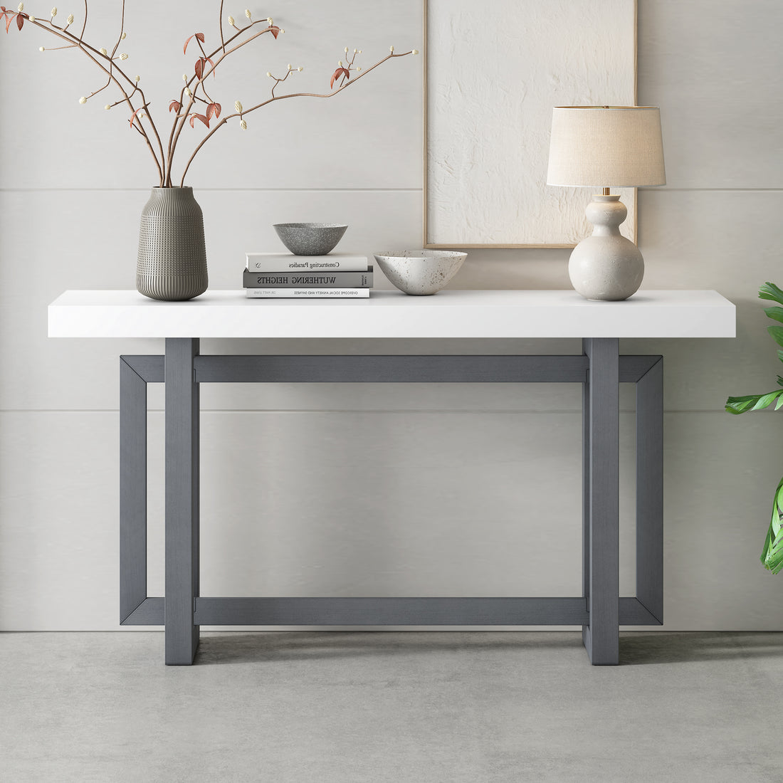 Contemporary Console Table With Wood Top, Extra Long Entryway Table For Entryway, Hallway, Living Room, Foyer, Corridor Dark Gray White Solid Wood Mdf