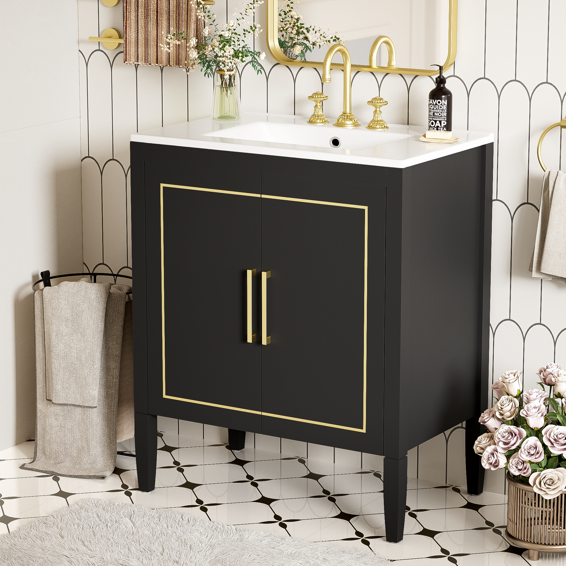30 Inch Bathroom Vanity With Ceramic Basin, Soft Close Door, Built In Hidden Drawer Black Bathroom Solid Wood Mdf