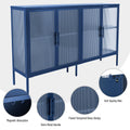 Stylish 4 Door Tempered Glass Cabinet With 4 Glass Doors Adjustable Shelf And Feet Anti Tip Dust Free Fluted Glass Kitchen Credenza Blue Blue Tempered Glass Sheet Metal Plastic