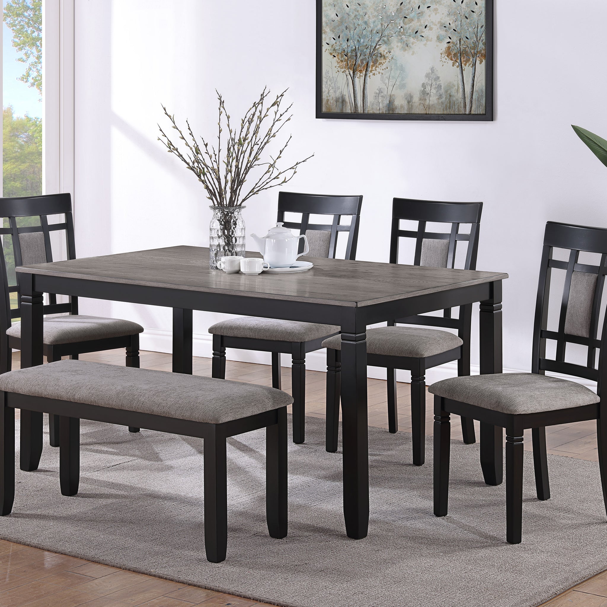 6 Pc Dinette Light Gray Finish Rectangular Table Upholstered Chairs Bench Dining Room Wooden Dining Set Furniture Transitional Contemporary Style Wood Wood Gray Seats 6 Wood Dining Room 60 Inches Fixed Table Transitional 4 Leg Rectangular Dining Table