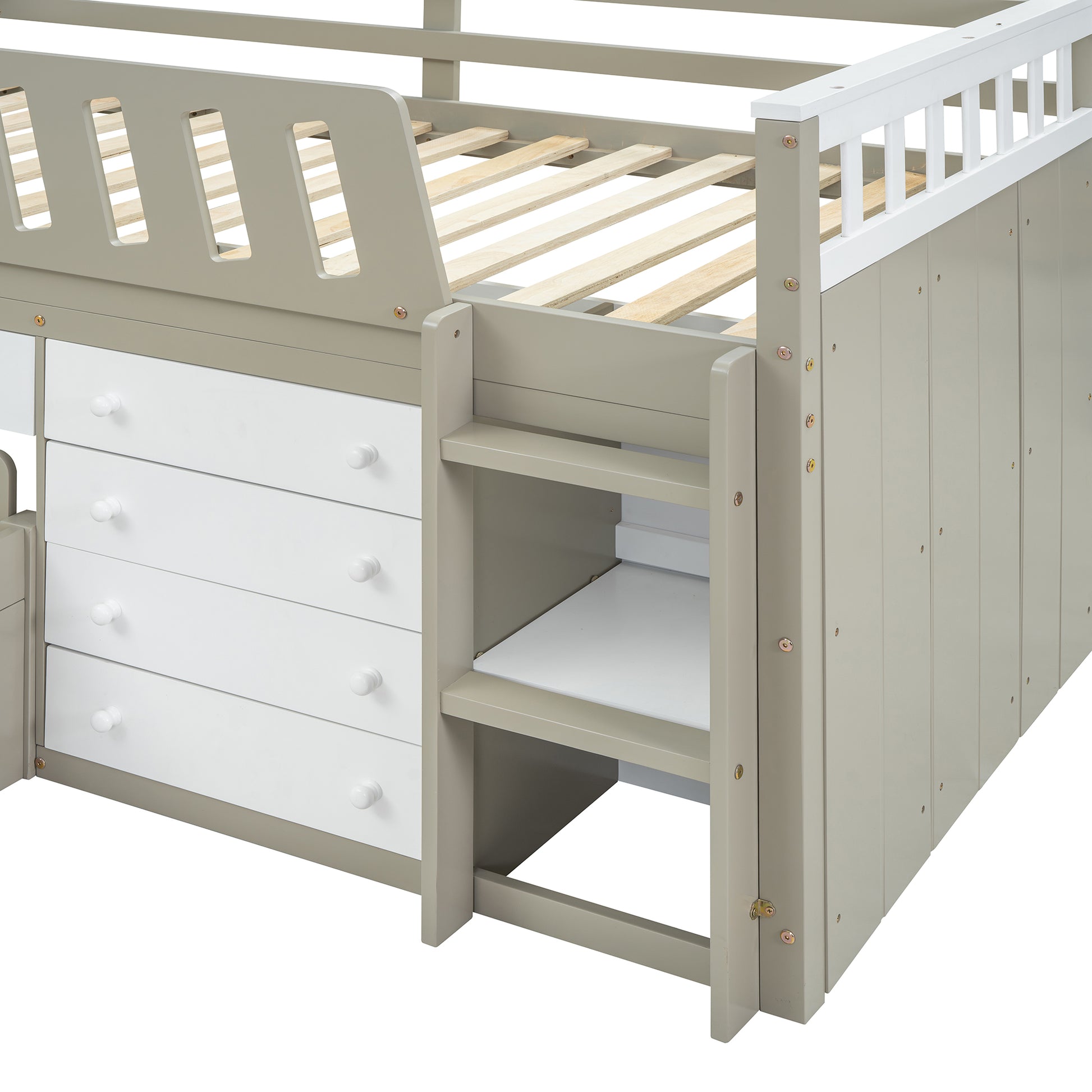 L Shaped Space Saving Twin Loft And Twin Platform Bed With 7 Drawers And Full Guardrails White Light Brown Twin Brown White Solid Wood