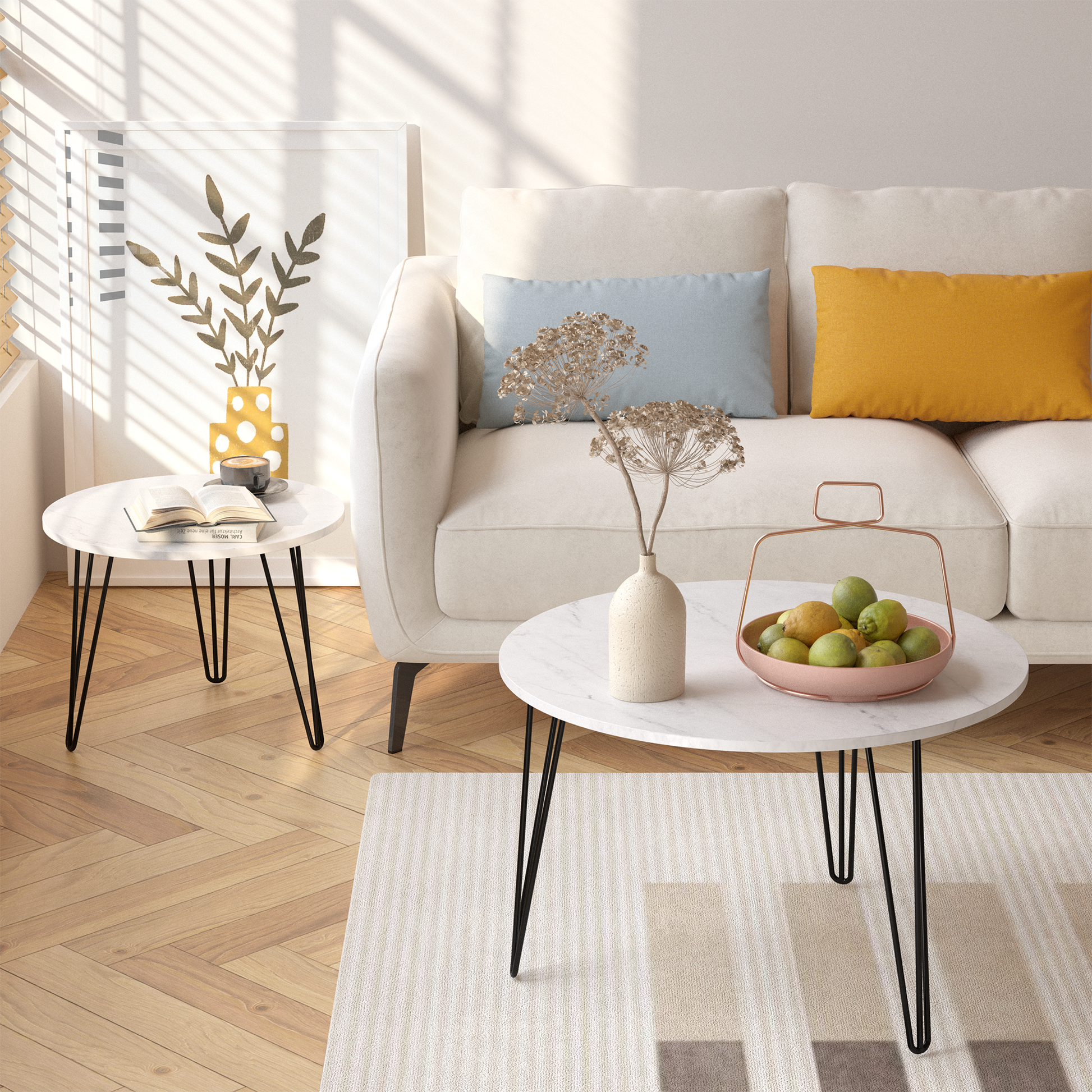 27.56'' Round Nesting Coffee Table Set Of 2, Circular Nesting End Table Set, Round Marble Tabletop, And Sturdy Metal Base For Living Room, Bedroom, White White Round Wood Metal