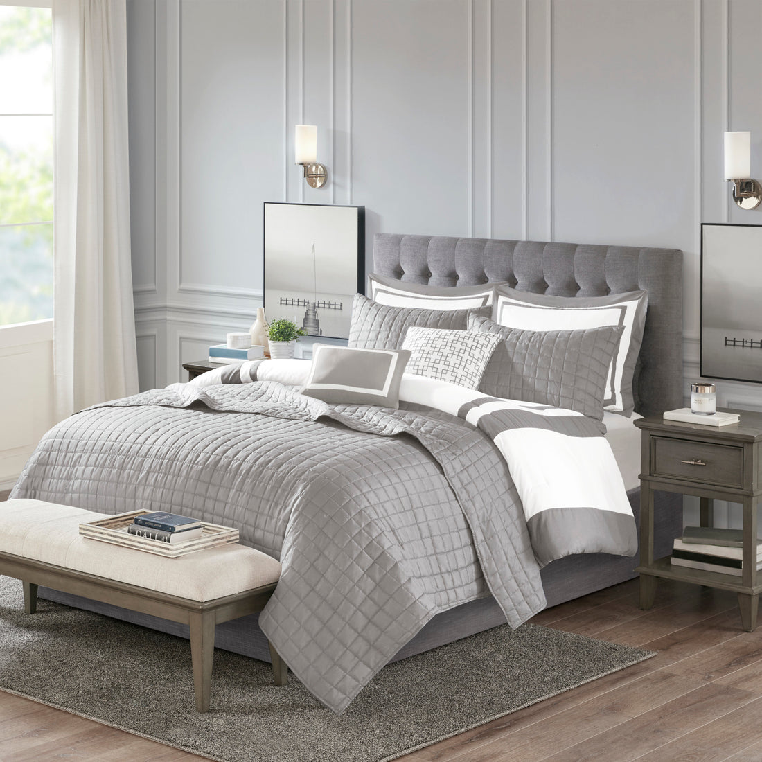 8 Piece Comforter And Quilt Set Collection Grey King Cal King King Grey Polyester