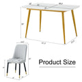 Table And Chair Set.A Morden Table With White Imitation Marble Patterned Stone Burning Tabletop With Golden Metal Legs.Paried With 4 Chairs With Pu Leather Backrest And Black Metal Legs. Light Gray,White Gold Seats 4 Metal,Sintered Stone