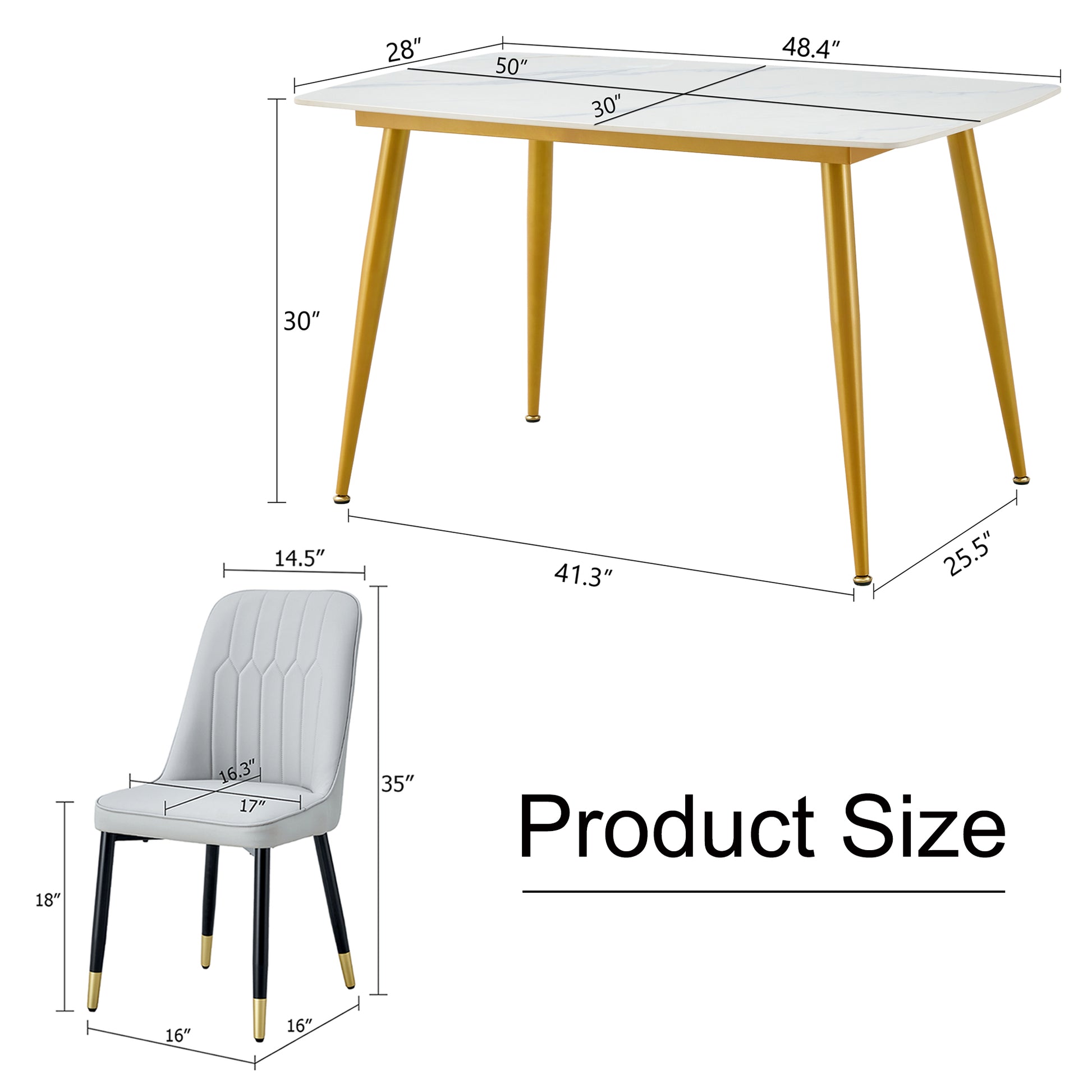 Table And Chair Set.A Morden Table With White Imitation Marble Patterned Stone Burning Tabletop With Golden Metal Legs.Paried With 4 Chairs With Pu Leather Backrest And Black Metal Legs. Light Gray,White Gold Seats 4 Metal,Sintered Stone