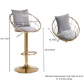 Grey Velvet Bar Chair, Pure Gold Plated, Unique Design,360 Degree Rotation, Adjustable Height,Suitable For Dinning Room And Bar,Set Of 2 Grey Velvet