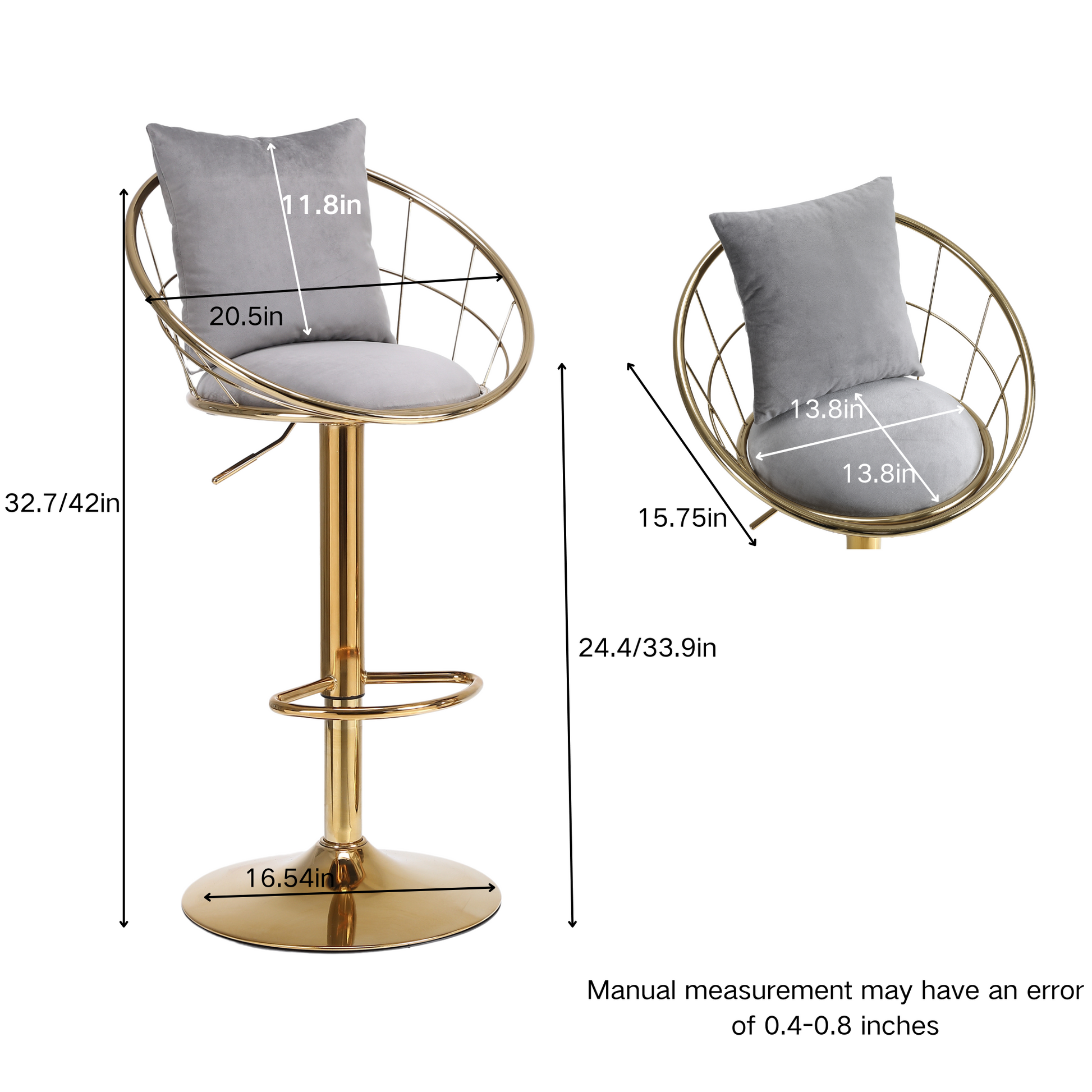 Grey Velvet Bar Chair, Pure Gold Plated, Unique Design,360 Degree Rotation, Adjustable Height,Suitable For Dinning Room And Bar,Set Of 2 Grey Velvet