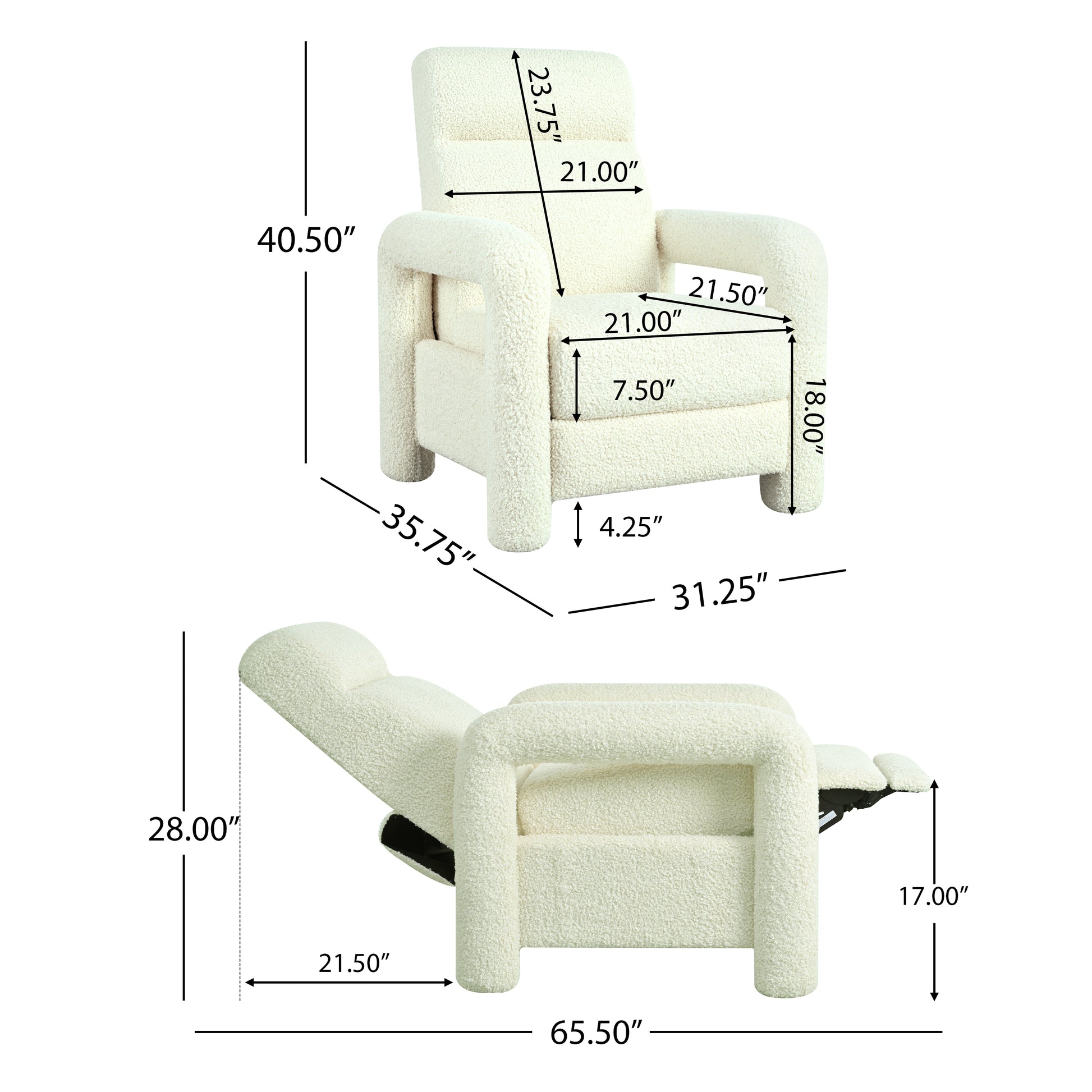31.25" Push Back Recliner Armchair Upholstered Recliner Chair Single Sofa With Adjustable Backrest For Living Room, Beige Beige Teddy
