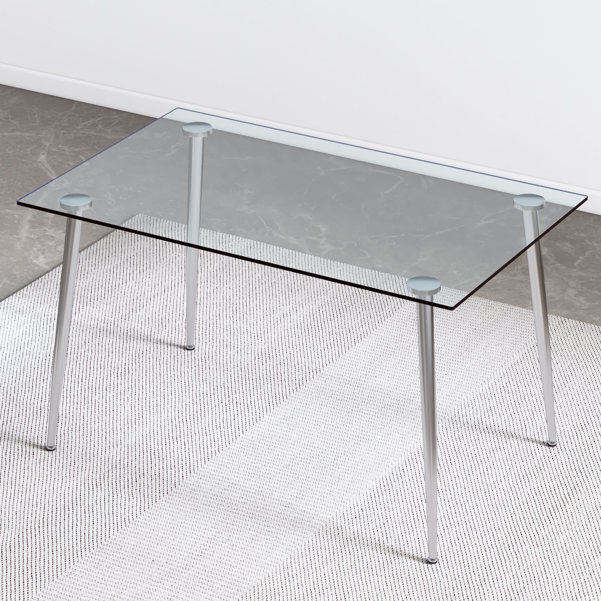 Table And Chair Set.Rectangular Dining Table With Tempered Glass Tabletop And Silver Plating Metal Legs.Paired With 6 Checkered Armless High Back White Chairs With Electroplated Metal Legs. White Seats 6 Glass Metal