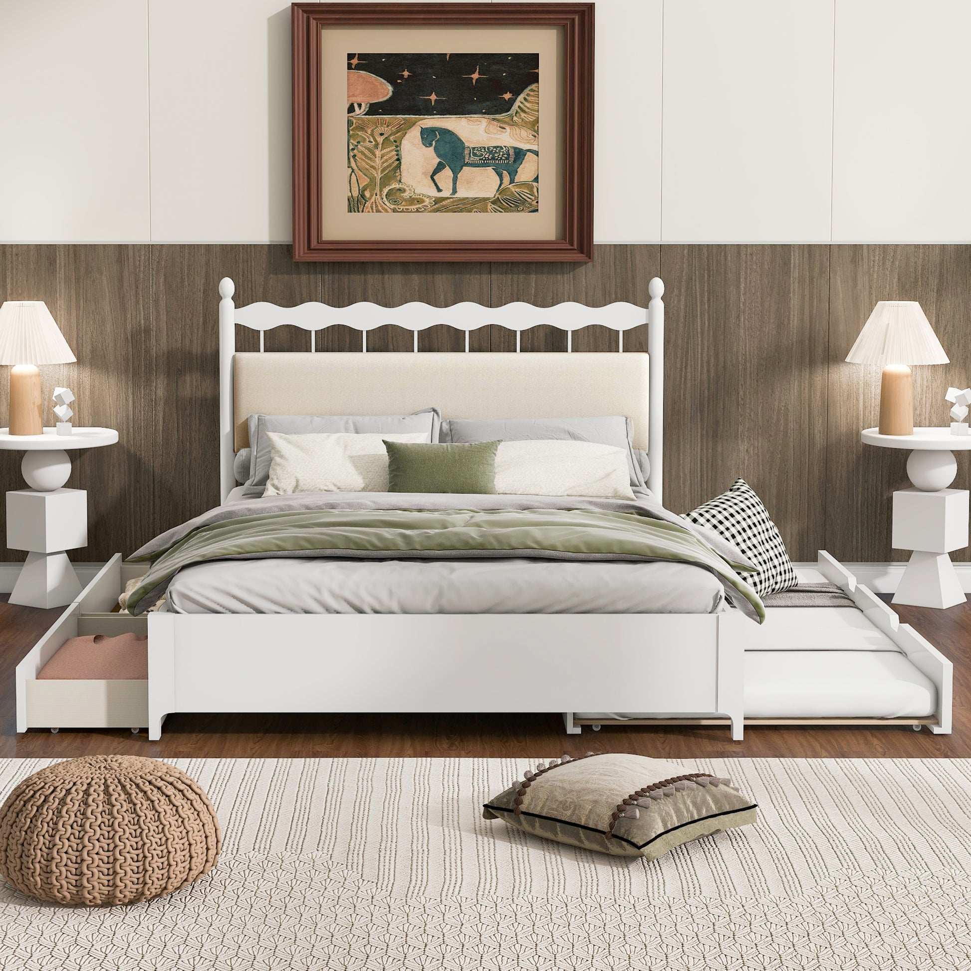 Queen Size Wooden Storage Platform Bed, With 2 Big Drawers, T Size Trundle, White Queen White Plywood