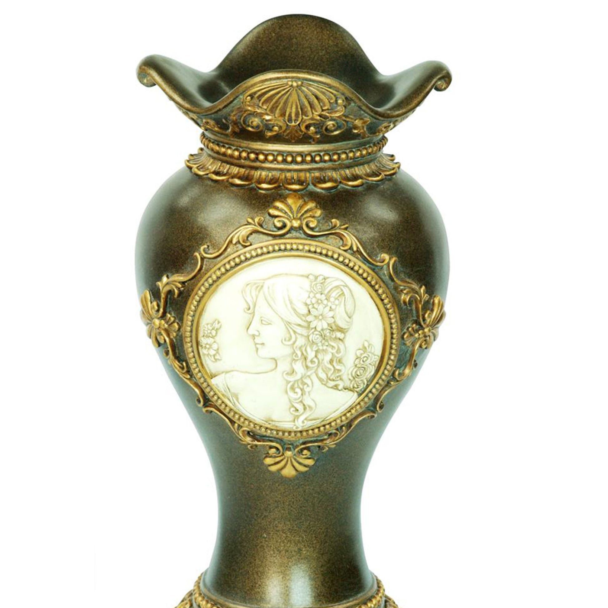 16.25" Tall Polyresin Decorative Vase, Gold Leaves And Greek Accent Multicolor Polyresin