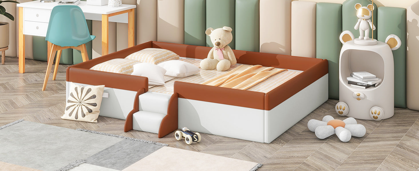 Full Size Upholstered Daybed Frame With Fence And Stairs, Brown White Full Brown White Mdf Lvl