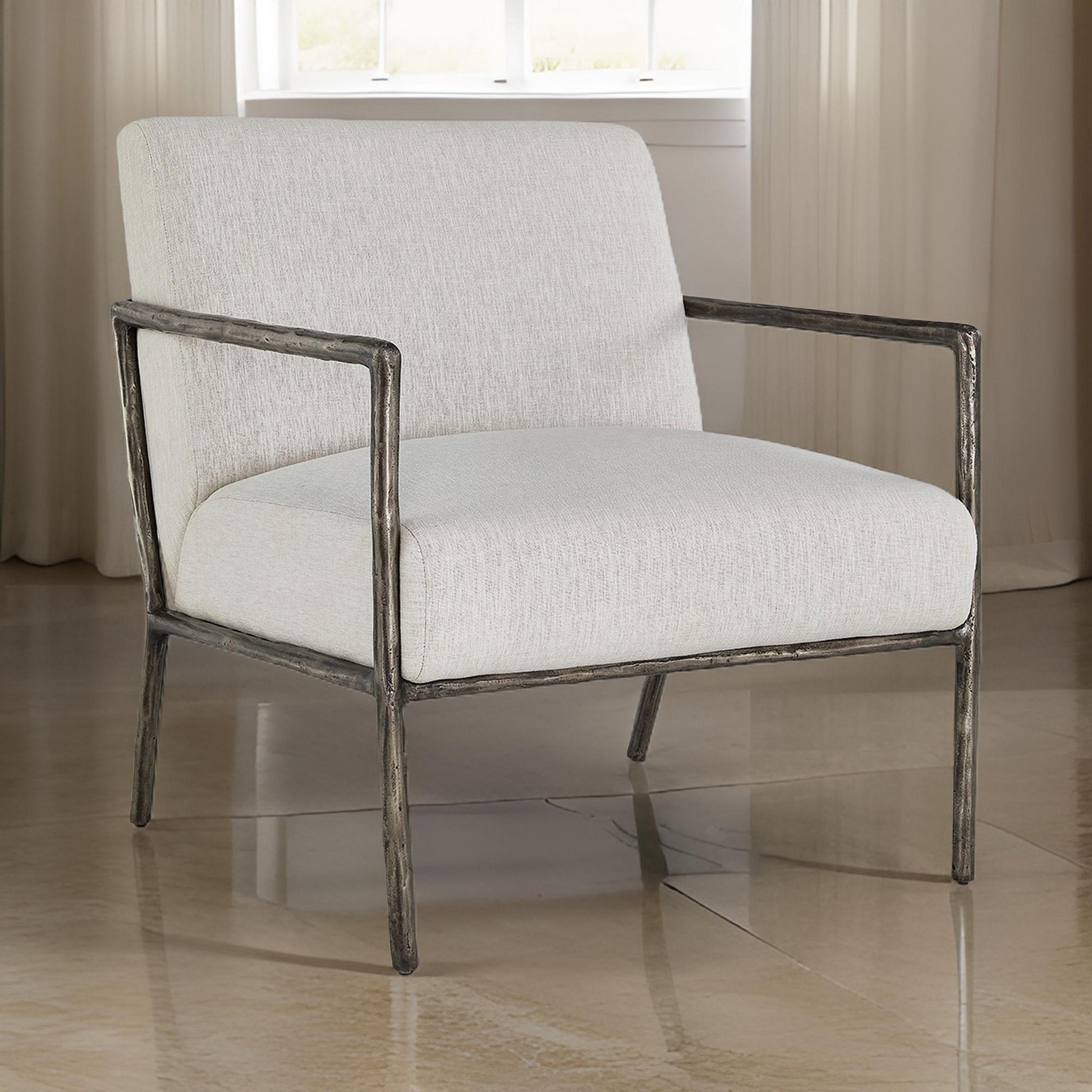 Tusk 30 Inch Accent Chair, Classic Pewter Aluminum Frame, Cream Upholstery Cream Fabric Metal