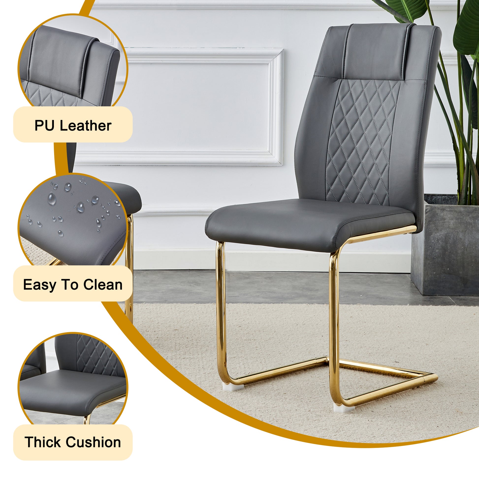 Table And Chair Set.Modern Rectangular Dining Table With Transparent Tempered Glass Tabletop And Gold Plated Metal Legs.Paried With 6 Comfortable Chairs With Pu Seats And Golden Metal Legs. Grey Gold,Transparent Seats 6 Glass Metal