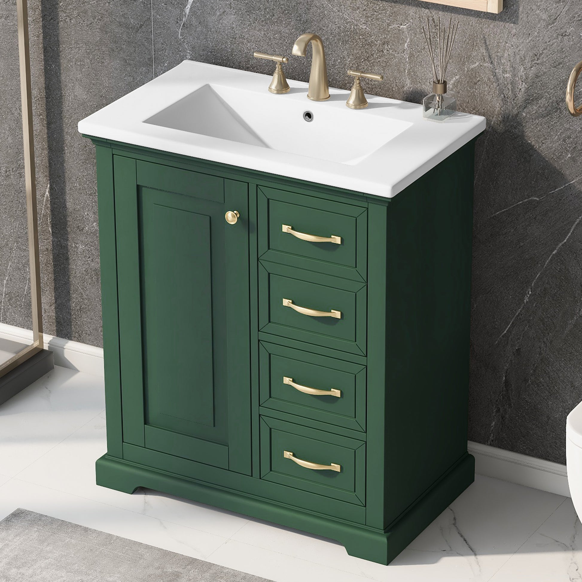 30" Bathroom Vanity With Sink, One Package, Green Bathroom Cabinet With Drawers, Solid Frame And Mdf Board Green Solid Wood Mdf