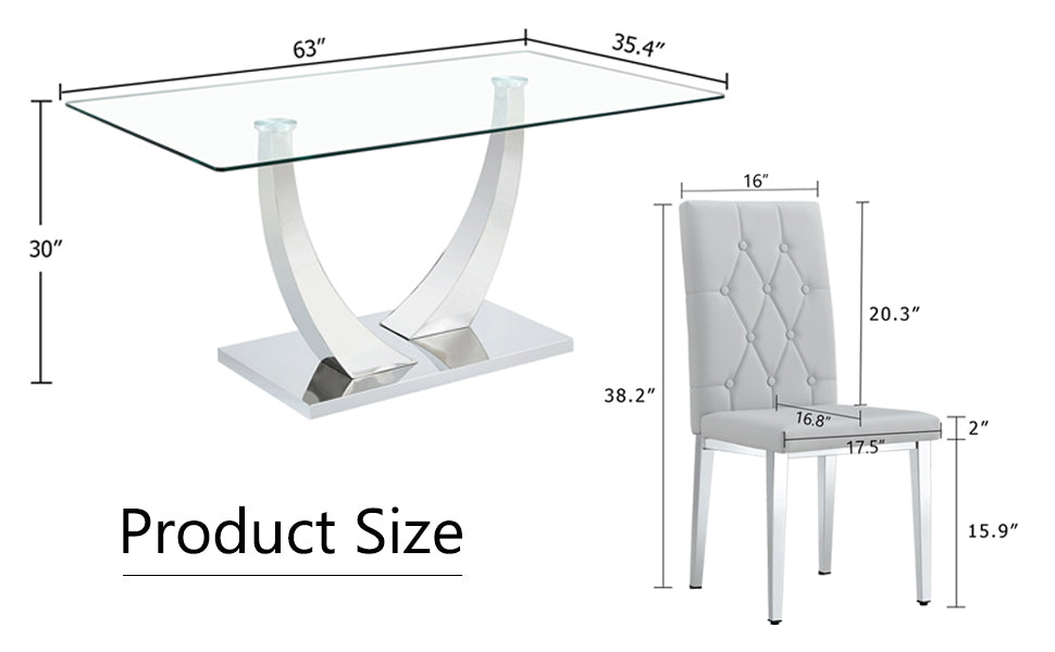 Table And Chair Set, Modern Dining Table, Tempered Glass Tabletop And Silver Colored Leg Table, Soft And Comfortable Dining Chair, Perfect For Dinner, Meetings, Home And Office Decor Gray Seats 4 Glass