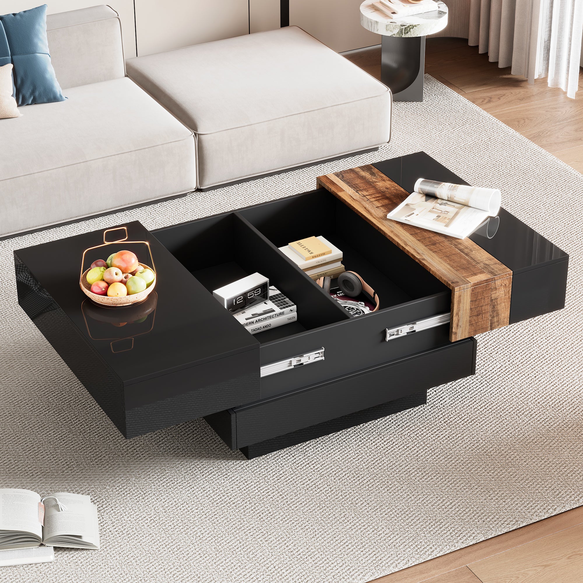 31.4'' X 31.4'' Square Coffee Table With Sliding Tabletop, High Gloss Center Table With Hidden Storage Compartment, Extendable Cocktail Table With Walnut Grain Finish For Living Room, Black Black Square Mdf