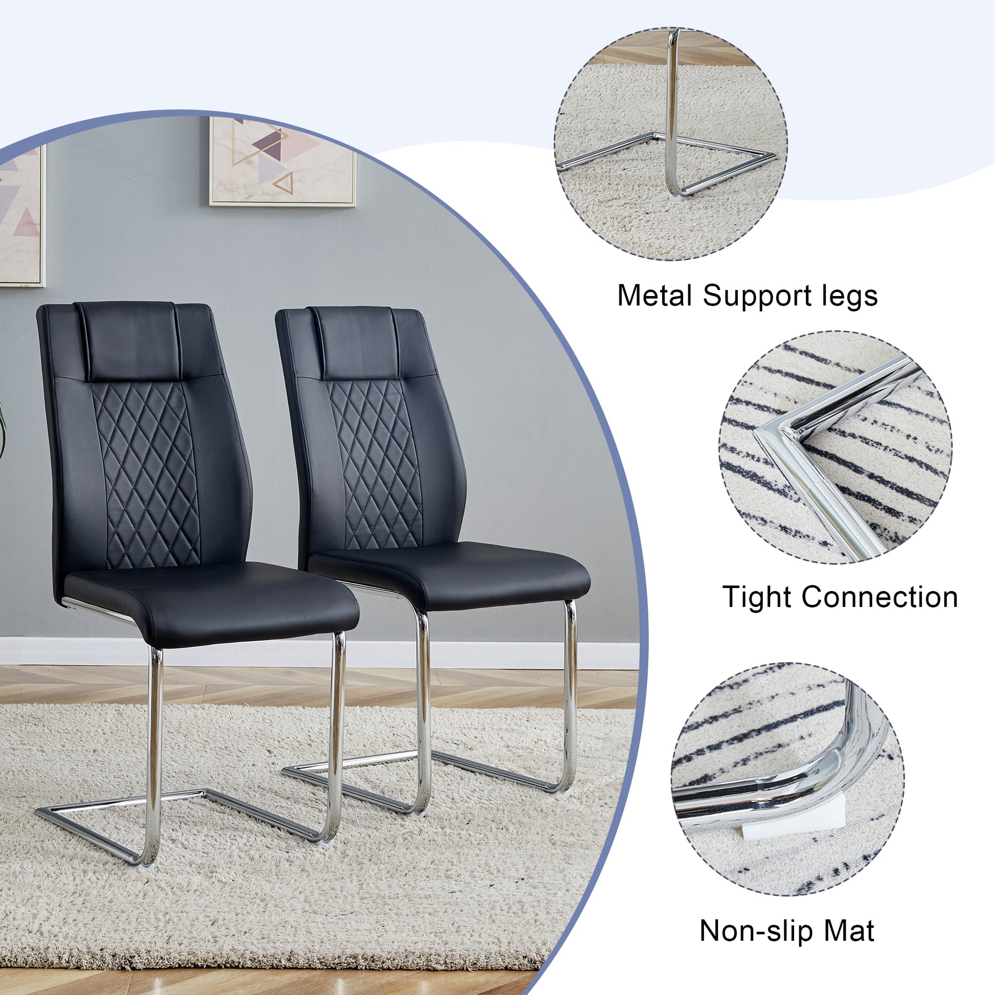 Table And Chair Set.Large Minimalist Rectangular Glass Dining Table For 6 8 With 0.39" Tempered Glass Tabletop And Silver Chrome Metal Legs.Paried With Comfortable Chairs With Pu Seats And Metal Legs. Silver Seats 6 Glass Metal