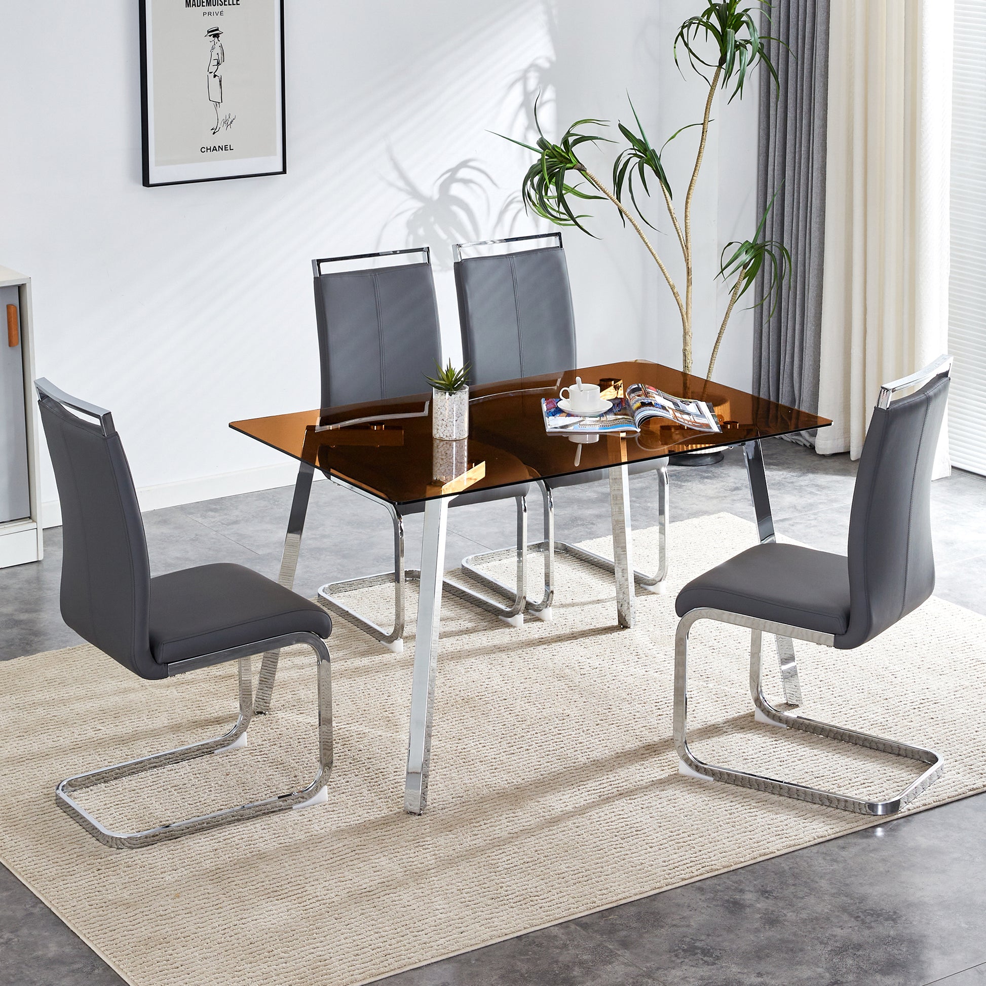 1 Table And 4 Chairs, Brown Tempered Glass Tabletop And Silver Metal Legs, Modern Minimalist Style Rectangular Glass Dining Table, Paired With 4 Modern Silver Metal Leg Chairs. 1123C 1162 Brown Seats 4 Glass