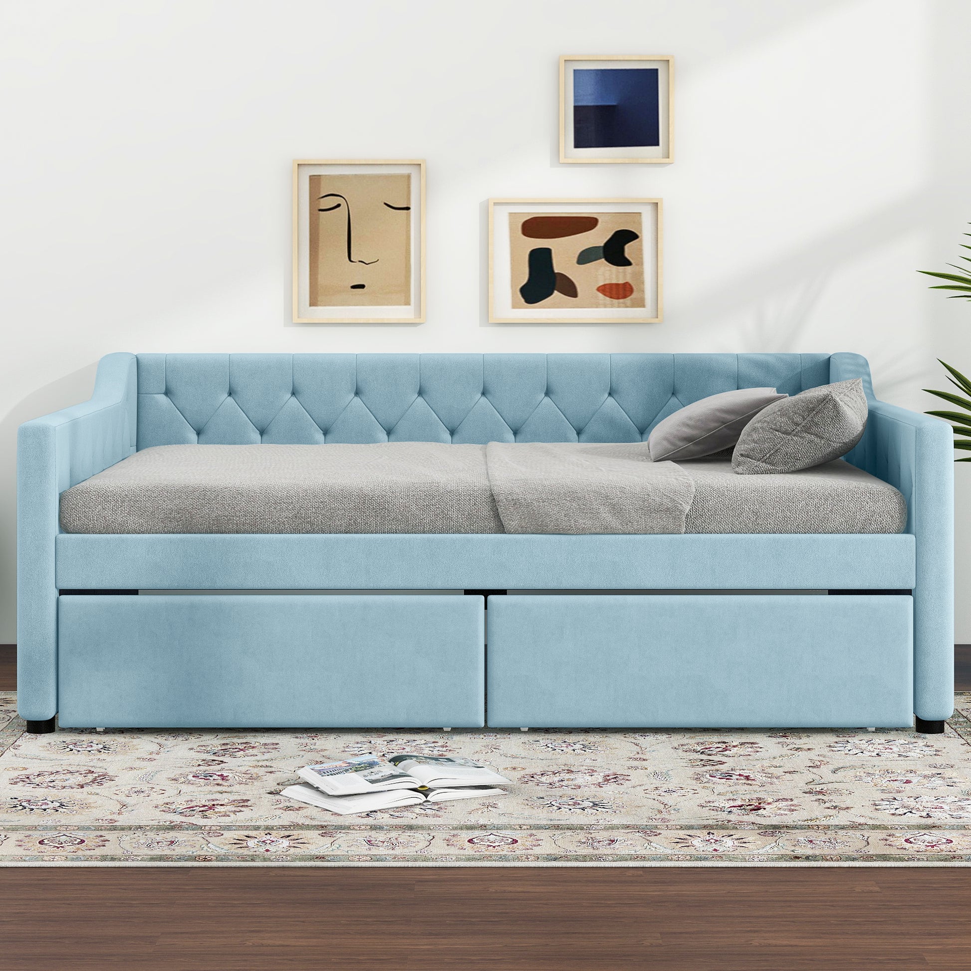 Full Size Upholstered Tufted Daybed With 2 Drawers, Blue Box Spring Not Required Full Blue Wood Daybeds Velvet Upholstered