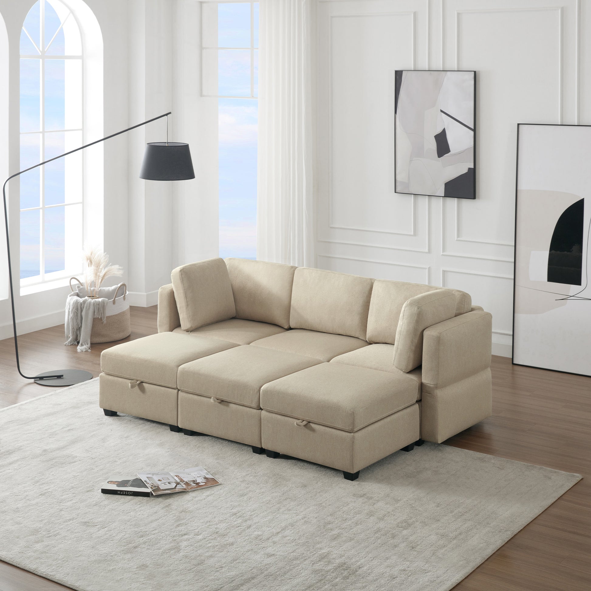 Modular Sectional Sofa Couch Bed With Storage 6 Seater, Sleeper Sofa Bed Couch With Reversible Chaise Ottomans, Adjustable Arms And Backs Beige Beige Polyester 3 Seat