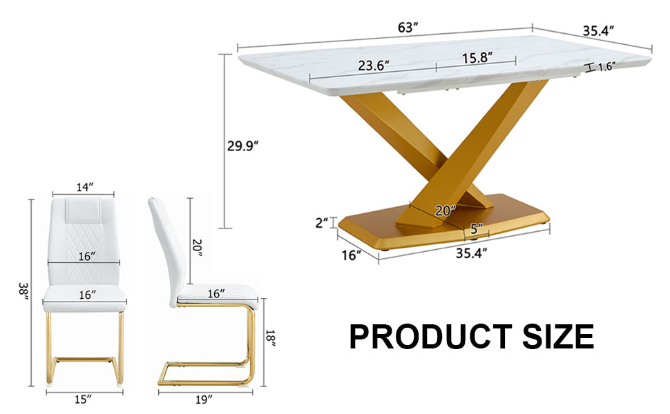 Table And Chair Set, The Table Is Equipped With A Marble Patterned Mdf Tabletop And Gold Table Legs.Dining Chairs,Gold Legged Upholstered Chairs Made Of Artificial Leather. Gold White Seats 4 Mdf