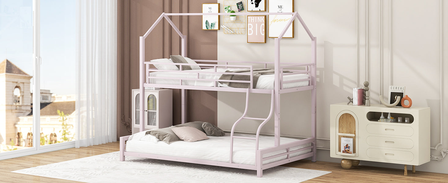 Metal House Bunk Bed, Twin Over Full, Pink Full Pink Metal