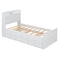 Twin Size Wooden Bed With Storage Headboard With Outlets, Extendable Bed With Twin Size Trundle With Three Storage Drawers,White Twin White Wood