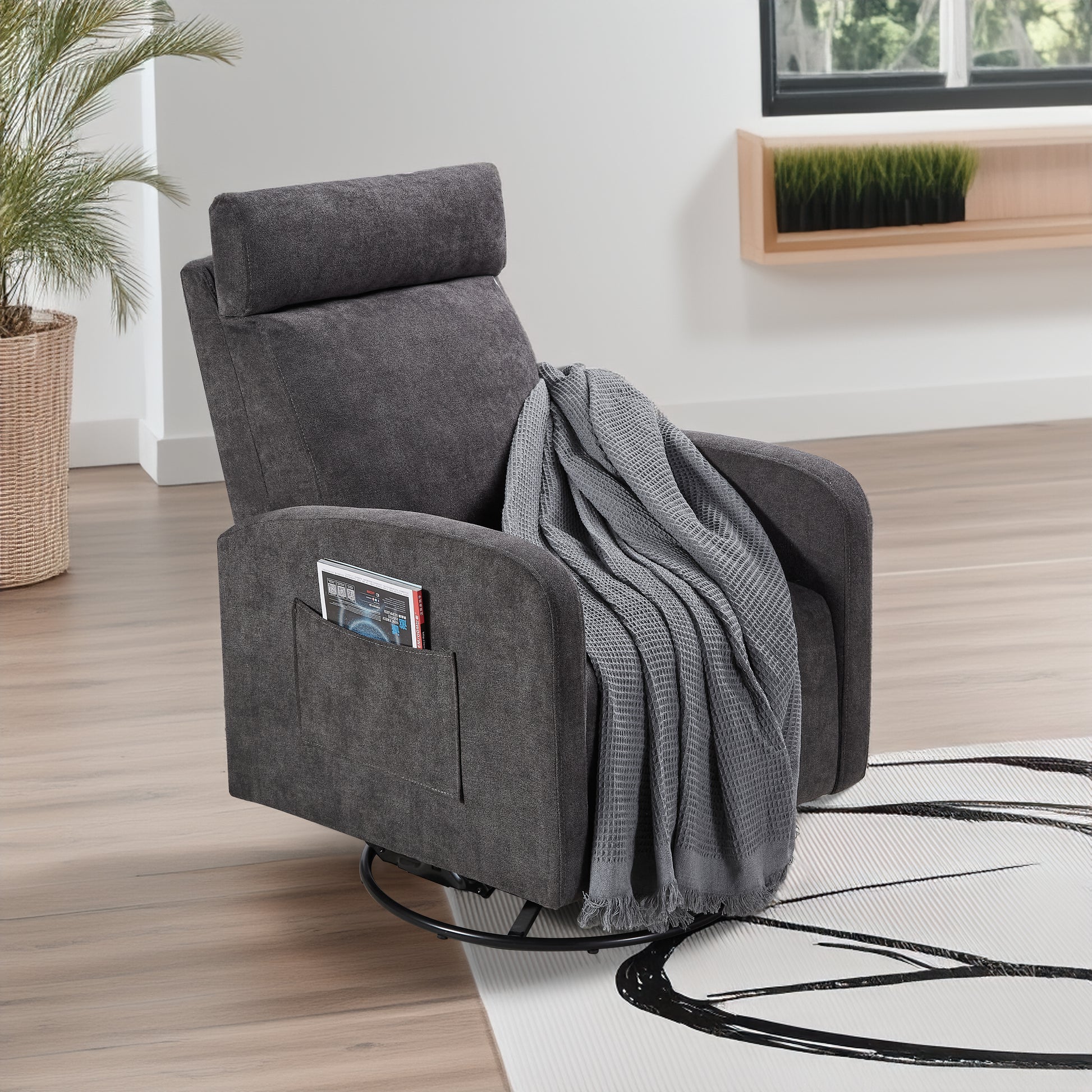 Swivel Upholstered Manual Recliner Chair Theater Recliner Sofa 360 Degree Nursery Glider Rocker For Living Room, Dark Coffee Dark Gray Primary Living Space American Design,American Traditional,Modern Fiber Foam Pads Chenille