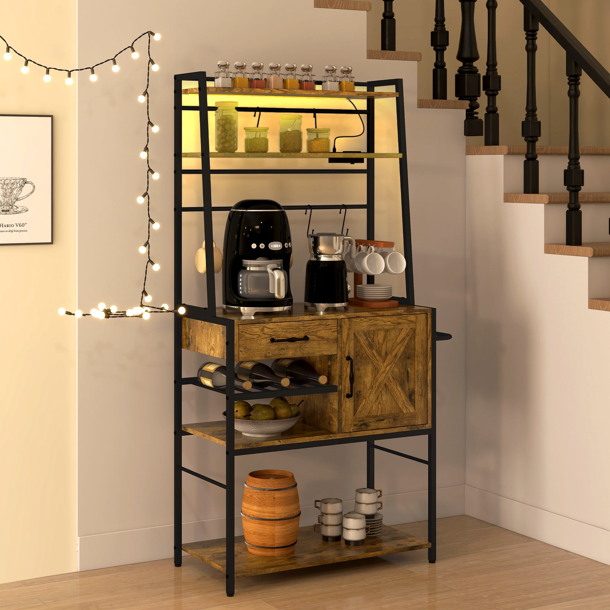 Homcom Baker'S Rack With Power Outlet And Led Lights, Coffee Bar With Storage Shelves, Industrial Microwave Stand With Wine Bottle Rack, Drawer, Barn Door Cabinet, Rustic Brown Rustic Brown Particle