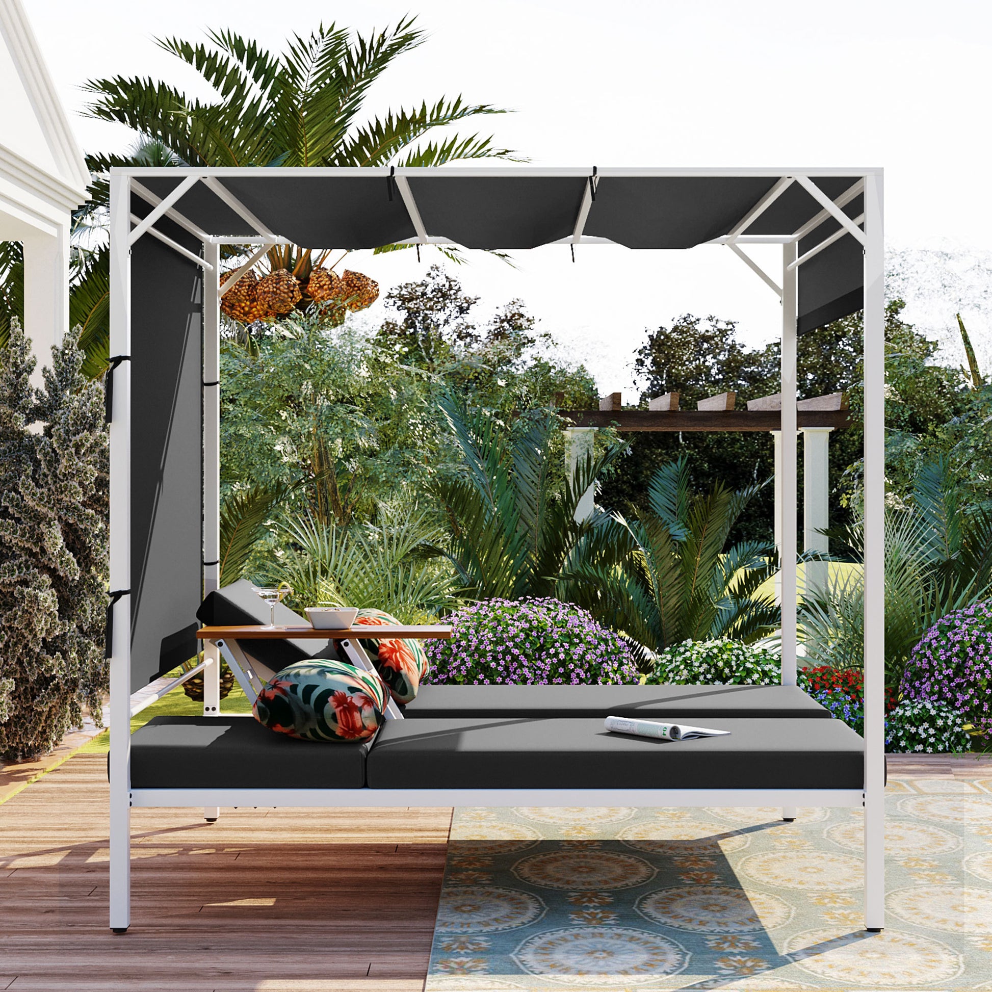 Outdoor Patio Sunbed Daybed With Cushions, Adjustable Seats Grey Steel