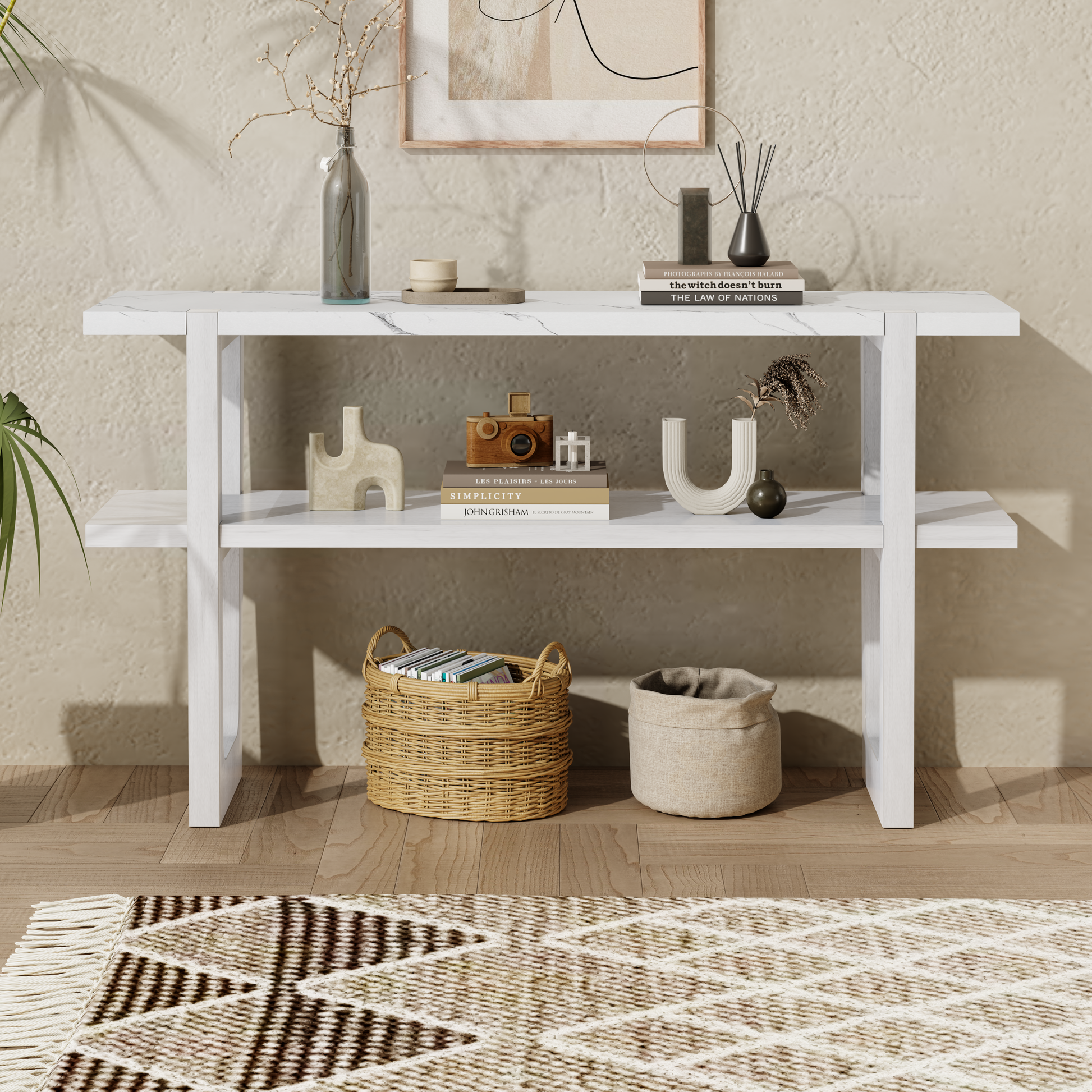 Retro Elegant Console Table With Marble Effect Top And Versatile Storage Solutions For Entryway And Living Room Antique White Antique White Solid Wood Mdf