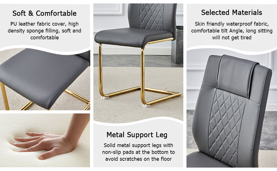 Table And Chair Set.The Table Has A Glass Tabletop With Imitation Marble Pattern Stickers And Stainless Steel Golden Table Legs. Paried With Comfortable Chairs With Pu Seats And Metal Legs. White Gold Seats 8 Glass Metal