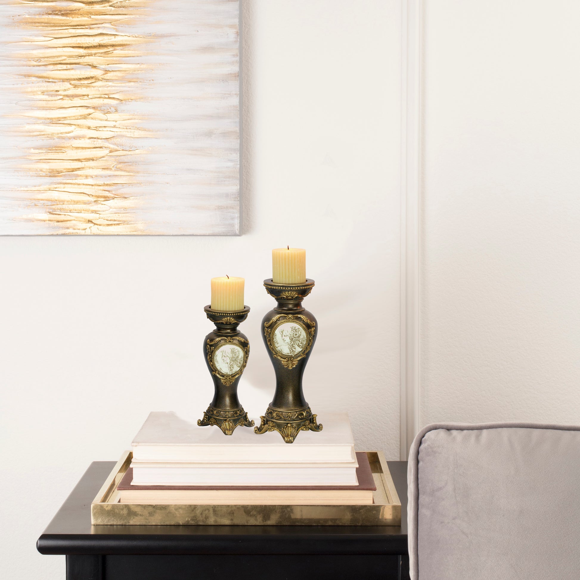 11" And 14" Tall Polyresin Candleholder, Bronze Finish Set Of 2 Bronze Polyresin