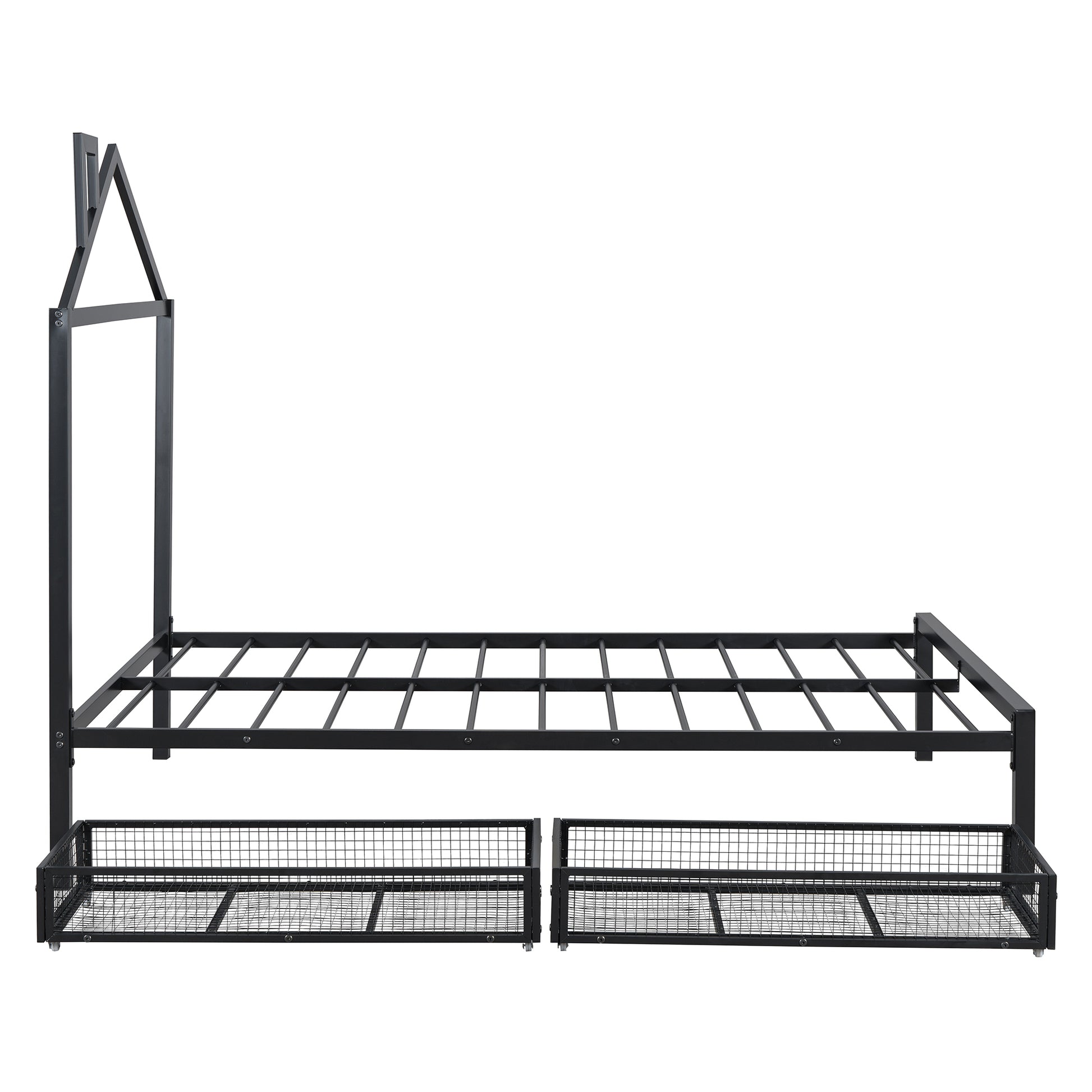 Full Size Metal Platform Bed With Two Drawers,House Shaped Headboard Design, Black Full Black Metal