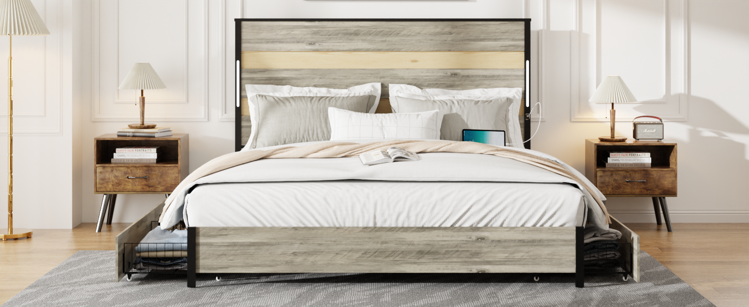 Queen Size Bed Frame With Headboard And 4 Storage Drawersqueen Bed Frame With Charging Station And Led Lights, Wood Slats, Easy Assembly,No Box Spring Needed,Industrial Gray Box Spring Not Required Queen Antique Gray Metal Bedroom Bed Frame Mdf Metal