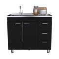 Base Double Door Cabinet, Three Drawers, Black Black Solid Wood Mdf Engineered Wood