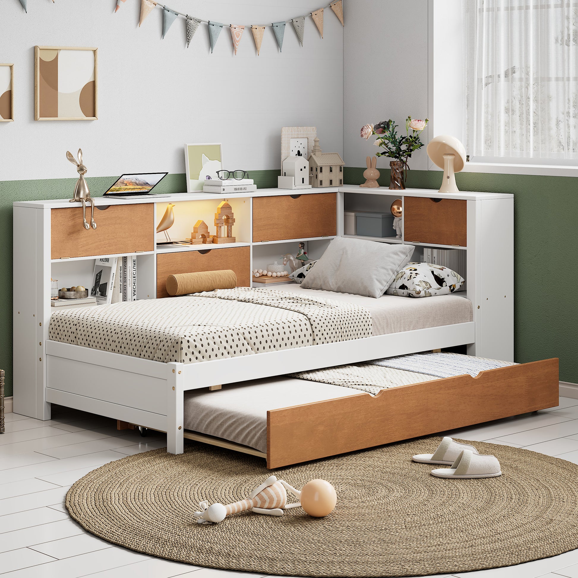 L Shaped Bed Frame With Trundle And And Bookcase,Corner Bed Wooden Captain Bed With Led Downlight And Usb Port For Small Room,Bedroom, Guest Room, Twin Size, Walnut And White Box Spring Not Required Twin White Walnut Wood Bedroom Modern Pine Bed Frame