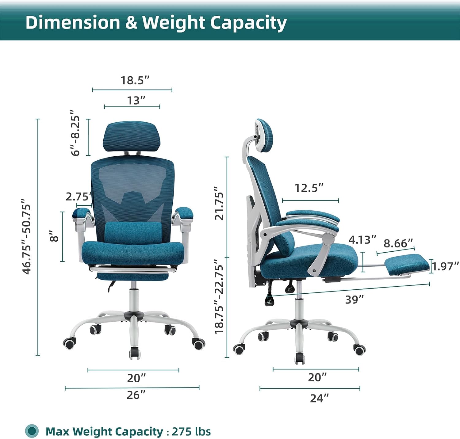 Retractable Footrest Ergonomic Swivel Office Chair With Lumbar Support Pillow And Padded Armrests, Blue Blue Metal