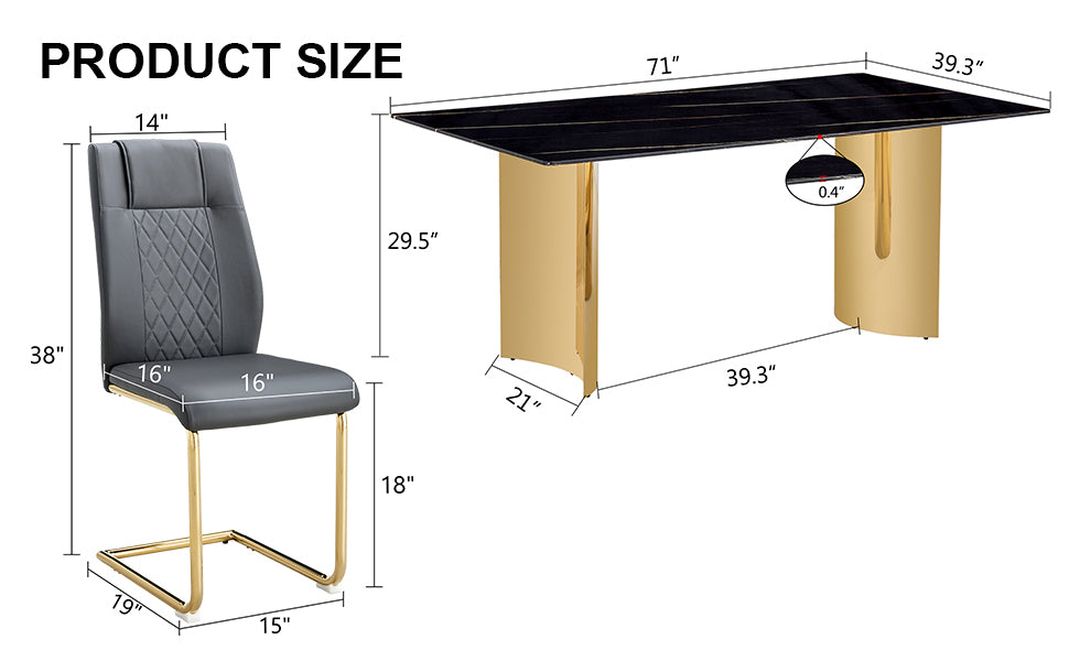 Table And Chair Set.The Table Has A Glass Tabletop With Imitation Marble Pattern Stickers And Stainless Steel Golden Table Legs. Paried With Comfortable Chairs With Pu Seats And Metal Legs. Gold Black Seats 6 Glass Metal