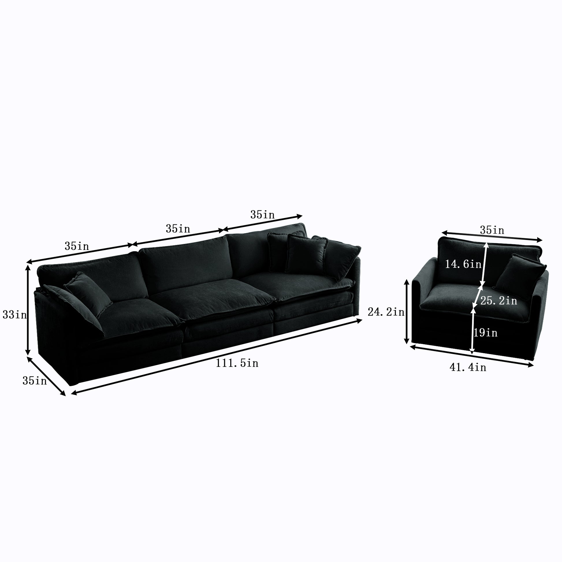 2 Piece Upholstered Sofa, Living Room Sectional Sofa Set Modern Sofa Couches Setdeep Seat Sofa For Living Room Apartment, 1 3 Seat Black Chenille Black Chenille 4 Seat
