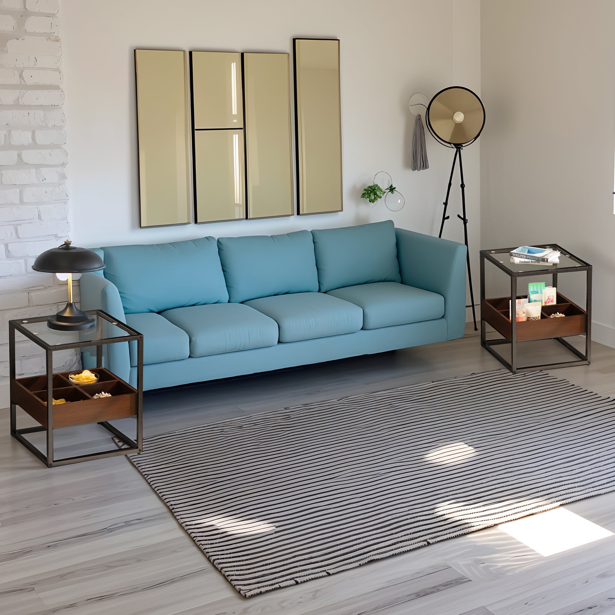 17.72" Modern Coffee Table Side Table, Nightstand With Storage Shelf And Metal Legs For Bedroom, Living Room Set Of 2 Black Mdf Glass