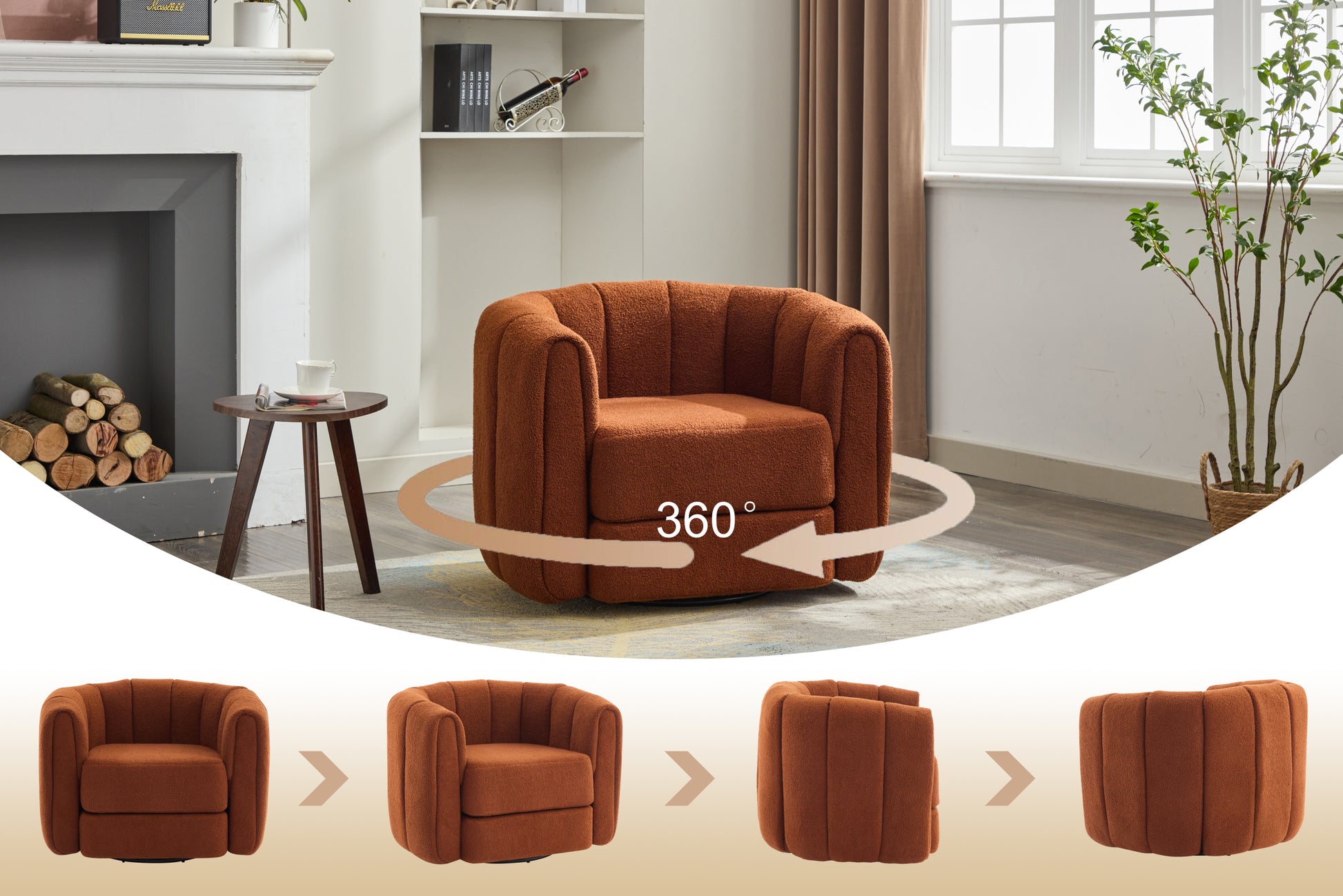 Swivel Accent Barrel Chair, Modern Round Armchairs With Upholstered, Comfy Swivel Accent Chair For Living Room Brown Teddy