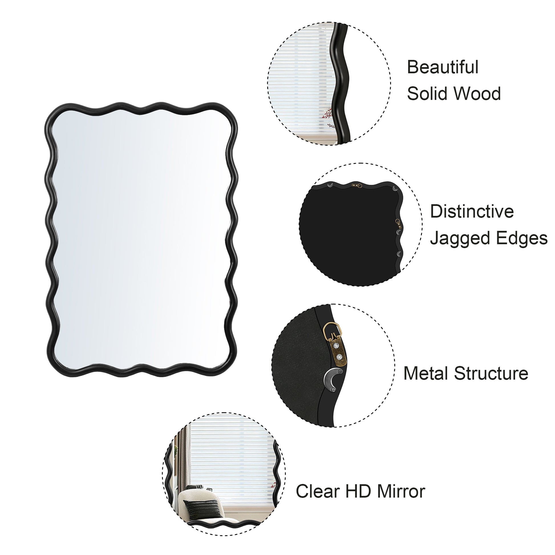 Solid Wood Wavy Rectangle Mirror Black 40" X 28" Modern Mirror Wall Decor For Bathroom, Bedroom, Living Room, Dining Room, Cloakroom, Entryway Antique Black Glass Solid Wood