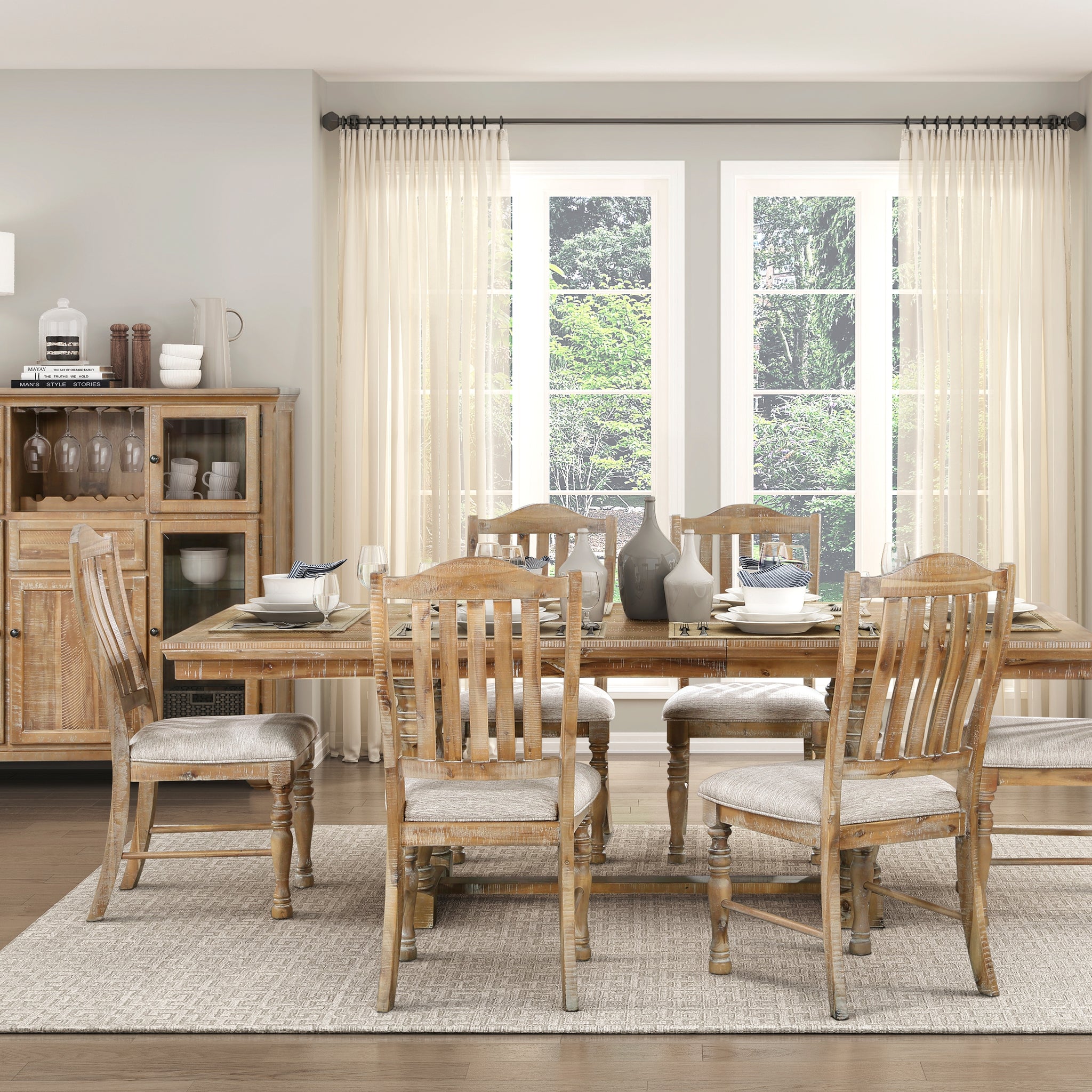 Traditional Dining Set 7Pc Extendable Table And 6 Side Chairs Wheat Finish Wooden Dining Kitchen Furniture Wood Wood Wheat Seats 6 Wood Dining Room Removable Leaf Extendable Trestle Rectangular