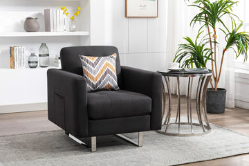 Victoria 33.5" Dark Gray Linen Fabric Armchair With Metal Legs, Side Pockets, And Pillow Dark Gray Linen