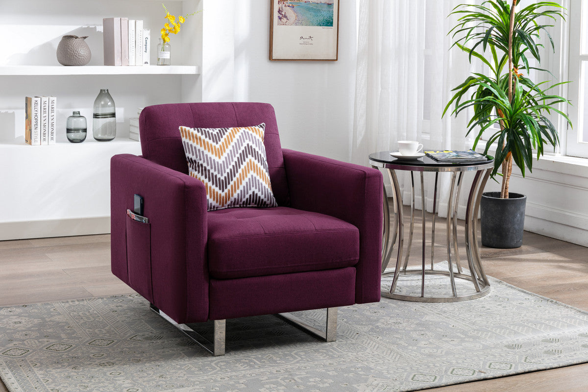 Victoria 33.5" Purple Linen Fabric Armchair With Metal Legs, Side Pockets, And Pillow Purple Linen
