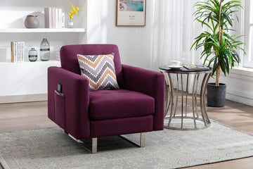Victoria 33.5" Purple Linen Fabric Armchair With Metal Legs, Side Pockets, And Pillow Purple Linen