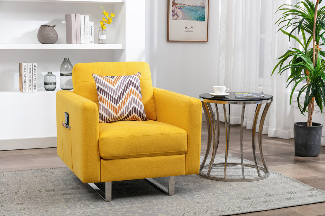 Victoria 33.5" Yellow Linen Fabric Armchair With Metal Legs, Side Pockets, And Pillow Yellow Linen