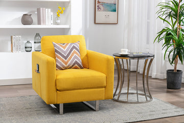 Victoria 33.5" Yellow Linen Fabric Armchair With Metal Legs, Side Pockets, And Pillow Yellow Linen
